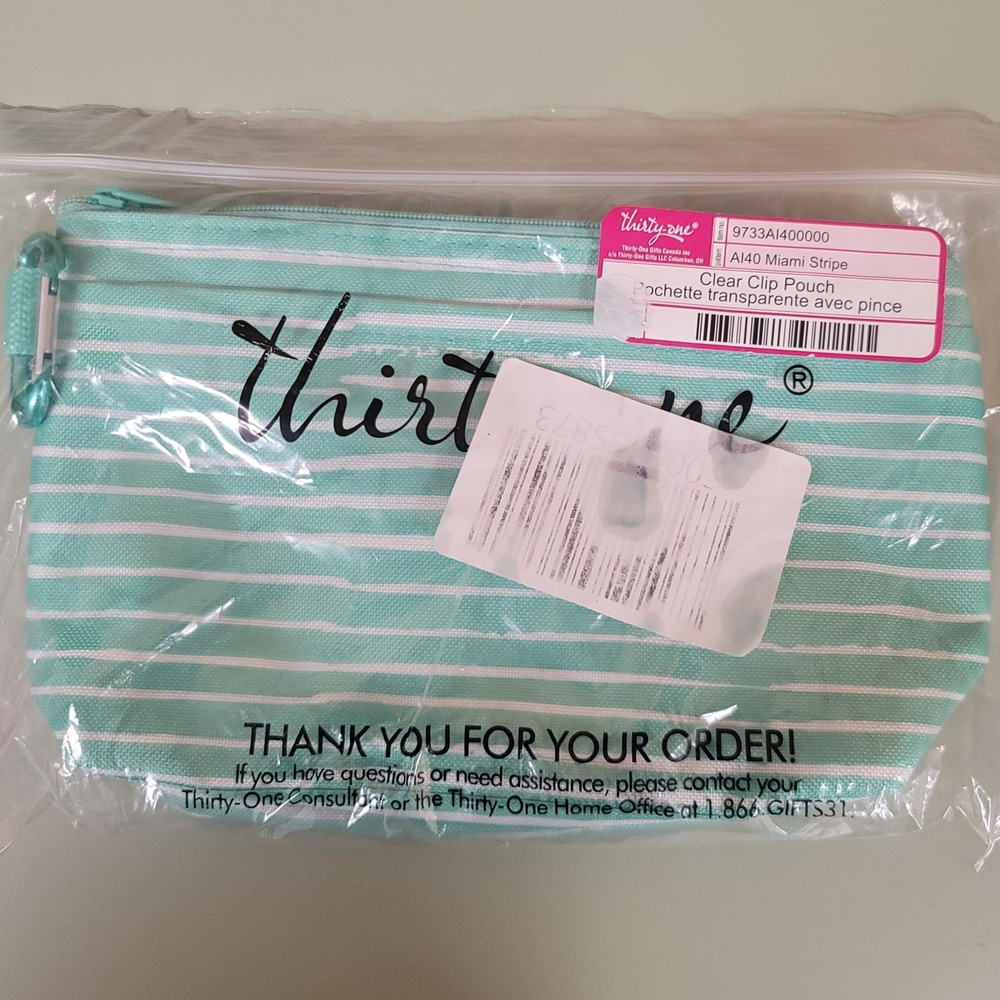 Thirty-One Clear Clip Pouch Miami Stripe Teal White Travel Organizer NWT